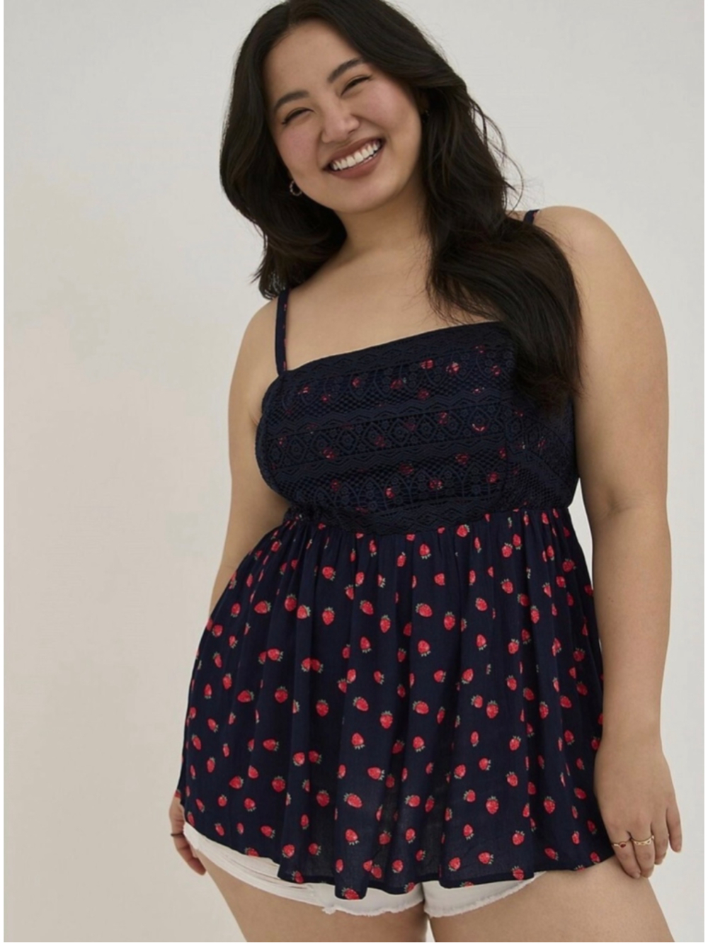 Torrid Strawberry Lace Tank Top Womens Plus Size 2X Babydoll Smocked Summer Navy